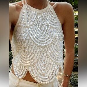 Luxe white sequins open back top